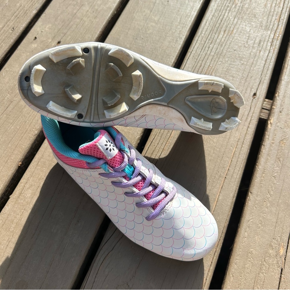 Rip-It Ringor Girl’s Play Ball Softball Cleat | White Pink Purple| Size 4.5Y